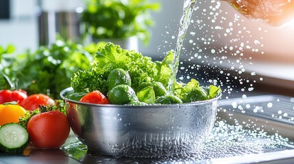 Poster - Fresh Vegetables Being Rinsed in a Silver Bowl with Water Splash