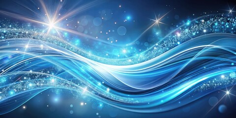 Poster - Abstract Blue and White Wavy Background with Sparkling Dust and Glowing Stars