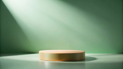 Poster - A single round pedestal in soft pastel colors sits in front of a minimalist green backdrop, illuminated by a single beam of light from above