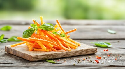 Fototapete - Fresh Carrot Sticks on Wooden Cutting Board Against Nature Background