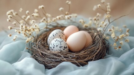 Poster - A cozy nest cradles an assortment of artistically adorned eggs. Surrounding the nest are charming blossoms, creating a tranquil and inviting atmosphere
