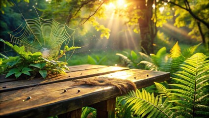 Aufkleber - A wooden table, bathed in the warm light of the morning sun, sits amongst lush greenery, a spiderweb sparkling with dewdrops in the foreground.