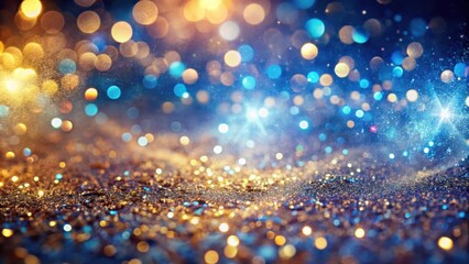 Poster - A shimmering, golden, and blue glitter background with out of focus lights for a glamorous and festive backdrop.