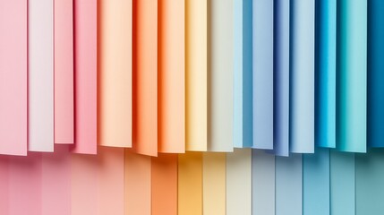Poster - Soft pastel sheets of paper hang gracefully in a gradient, transitioning from pinks and oranges to blues. This vibrant arrangement inspires creativity and warmth in any artistic setting