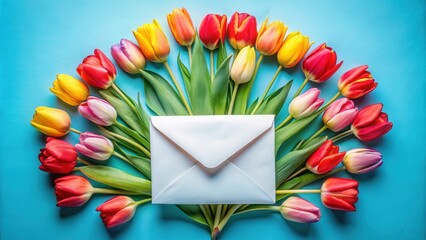 Poster - A white envelope nestled amongst a colorful bouquet of tulips, a vibrant display of spring's arrival
