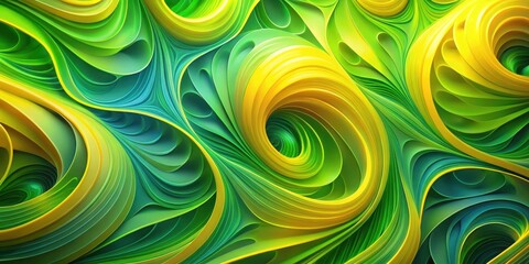 Poster - Abstract Green and Yellow Swirling Pattern of Curved Lines and Shapes Creating a Hypnotic and Dreamy Visual Experience