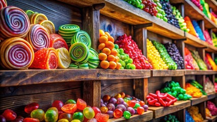 Poster - A colorful display of assorted candies, arranged in a rustic wooden shelving system, showcasing a variety of shapes, sizes, and flavors.