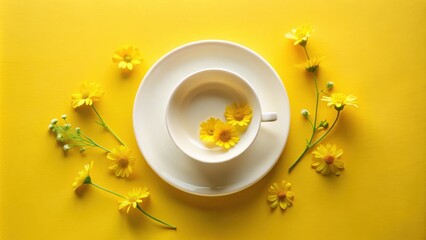 Poster - A single white porcelain cup and saucer resting on a bright yellow backdrop, surrounded by delicate yellow flowers, creating a minimalist and calming aesthetic.
