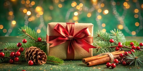 Aufkleber - A Rustic Christmas Gift Wrapped In Brown Paper With a Red Ribbon, Pine Branches, Berries, and Cinnamon Sticks on a Green Background With Golden Lights