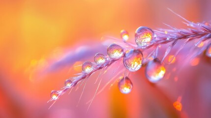 Poster - Vivid droplets of water cling to a delicate blade of grass, reflecting the enchanting colors of a fading sunset, creating a mesmerizing natural display