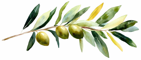 Olive branch, green olives, leaves, watercolor