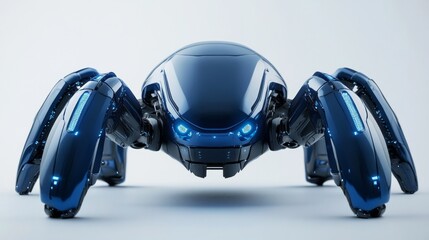 Poster - A remarkable robotic spider stands poised, its glossy blue surface glimmering under bright lights