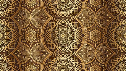 Aufkleber - A Seamless Pattern of Intricate Golden Geometric Designs with a Rich Brown Background