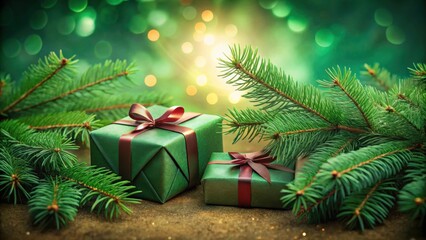 Aufkleber - Festive Green Gift Boxes Wrapped in Red Ribbons Surrounded by Lush Evergreen Branches and Sparkling Lights