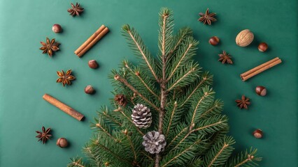 Poster - A festive arrangement of evergreen branches, star anise, cinnamon sticks, and pine cones on a green background.