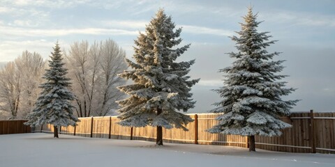 Aufkleber - Three snow-covered pine trees stand tall against a wooden fence in a snowy winter landscape.
