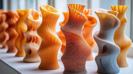 Poster - vibrant display of 3d-printed vases in various orange hues showcased on a windowsill