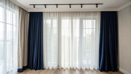 Fototapete - A large window with sheer white curtains and dark blue blackout curtains that provide privacy and block out light