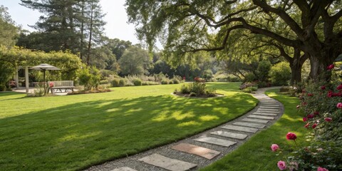 Aufkleber - A winding stone path leads through a lush green lawn, shaded by a large oak tree with sprawling branches and surrounded by vibrant blooms.