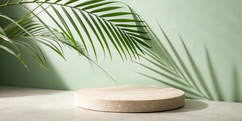 Aufkleber - A minimalist podium with a palm leaf and its shadow against a pale green backdrop