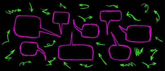 Poster - Crayon drawing speech buble set with graffiti style arrows. Collection of hand drawn chalk elements. Vector acid pink and green charcoal handwriting comic text clouds in doodle style. Grunge texture