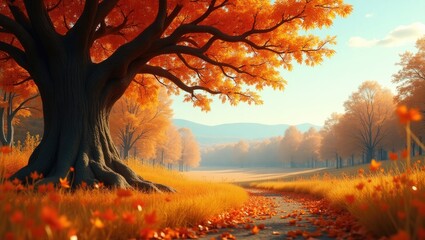 Poster - Autumn forest trail. Orange trees and red-brown maple leaves in a fall park. Autumn woods on a sunny day.