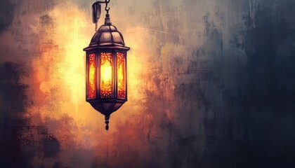 Aufkleber - Glowing Metal Hanging Lantern with Warm Light Against a Dark Textured Background