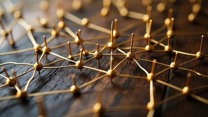 Poster - Connecting entities. Network, networking, social media, internet communication abstract. A smaller network linked to a larger network. Web of golden wires on rustic wood.