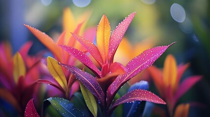 Wall Mural - vibrant colorful plant leaves with dew drops