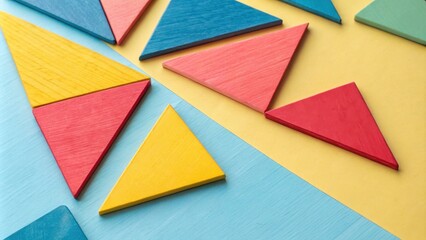 Fototapete - A colorful arrangement of wooden triangles, positioned in a dynamic geometric composition, creates a visually stimulating abstract pattern on a surface of contrasting hues.