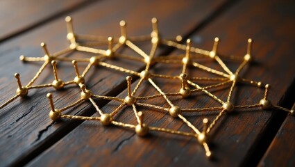Poster - Linking entities. Abstract of network, networking, social media, and internet communication. A smaller network connected to a larger network. A web of golden wires over rustic wood.