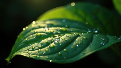 Poster - A fresh, beautiful green leaf adorned with raindrops and illuminated by sunlight. The plant features a beautifully expressive structure.