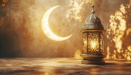 Aufkleber - Ornate Gold Lantern and Crescent Moon at Night