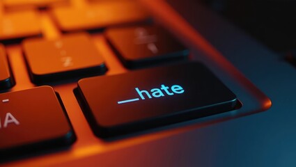 a computer and a button labeled hate