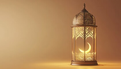 Aufkleber - Ornate Gold Lantern with Crescent Moon Glowing in Warm Beige Background