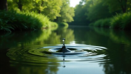 Poster - A solitary drop of water produces ripples in a calm pond encircled by vibrant greenery.