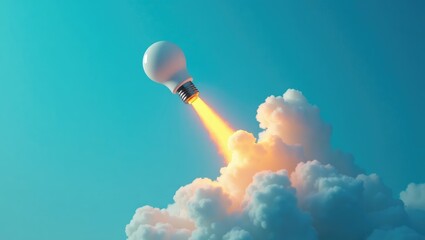 Poster - Inspiration concepts and ideas featuring a rocket lightbulb against a blue background. Business startup or success goals. Human creativity.