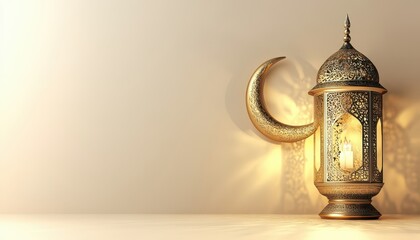 Aufkleber - Ornate Gold Lantern with Crescent Moon Shadow on Beige Background