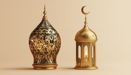 Aufkleber - Ornate Gold Lanterns with Intricate Designs on Beige Background