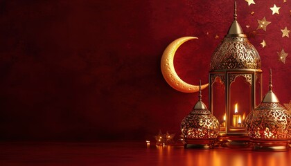 Aufkleber - Ornate Gold Lanterns with Lit Candles on Red Background under Crescent Moon and Stars