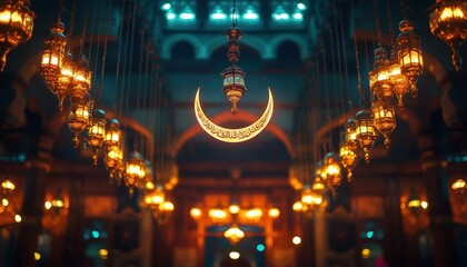 Aufkleber - Ornate Golden Lanterns and Crescent Moon Hanging in Dark Interior