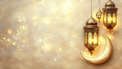 Aufkleber - Ornate Golden Lanterns and Crescent Moon on Beige Background