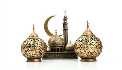 Aufkleber - Ornate Golden Mosque Model with Crescent Moon and Intricate Lanterns on White Background