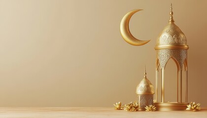 Aufkleber - Ornate Golden Lanterns with Crescent Moon on Beige Background