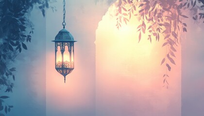 Wall Mural - ornate metal lantern glowing in misty forest at dusk
