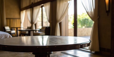 Poster - A round wooden table with a smooth, shiny surface sits in the foreground of a modern interior, offering a blank canvas for design and imagination.