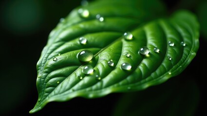 Poster - A vibrant fresh green leaf adorned with raindrops and illuminated by sunlight. The plant showcases a beautiful expressive form.