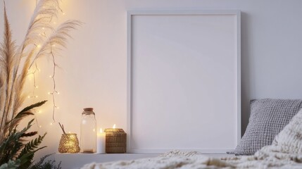 Poster - Gentle light encompasses a serene corner decorated with cozy textiles, vibrant plants, and a blank frame, inviting creativity and restful moments in a welcoming home