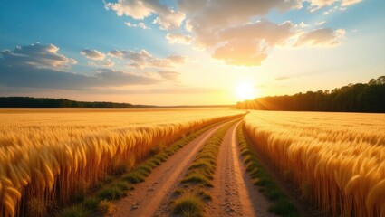 Poster - Golden wheat field set against a bright summer sun and blue sky with white clouds. Dirt road leading toward the horizon. Stunning summer scenery.