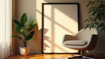 Poster - Aesthetic mockup frame template on the armchair illuminated by sunlight in the close-up living room.